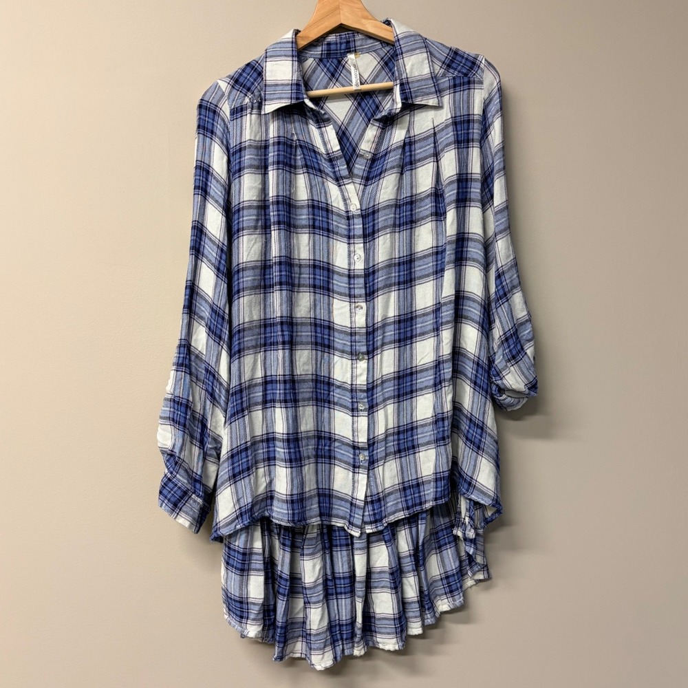 Mittoshop Blue Plaid Ruffle Back High Low Tunic Top Large Cottagecore Western